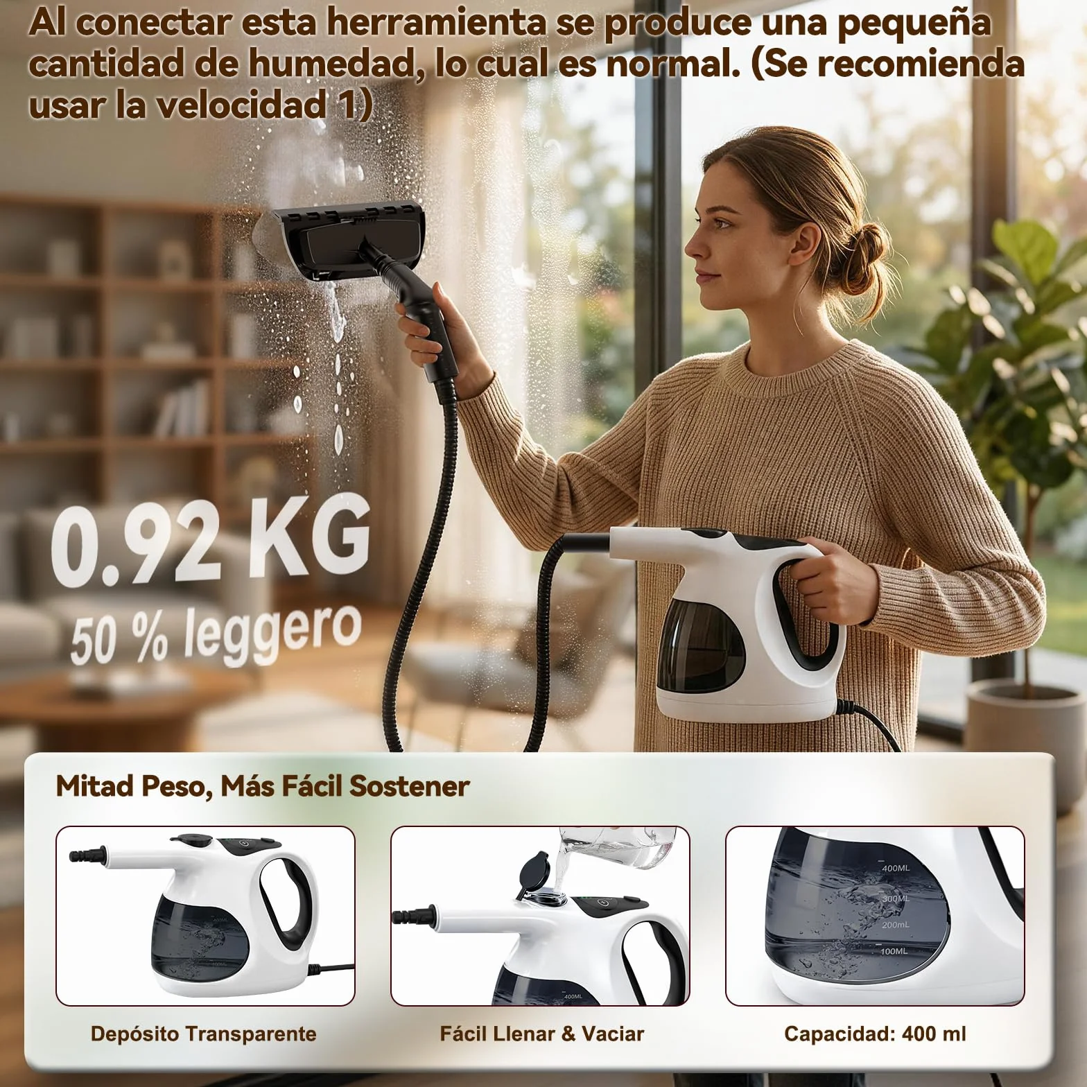 Vaporeta de Mano, Calentamiento en 5S, 400ML Tanque Transparente (Fácil Rellenar), Solo 0.92kg, Vaporeta Limpieza Hogar Con 10 Accesorios, Sin Químicos para limpiar Cocina, Juntas, Sofás, Alfombras