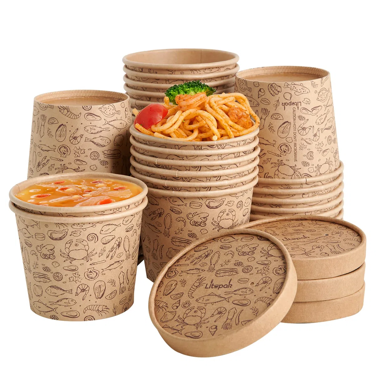 LITOPAK Paquete de 50 recipientes de papel de 12 onzas con tapas ventiladas, vasos de papel kraft para alimentos, recipientes de sopa con tapas, cuencos desechables para sopa caliente para almacenar