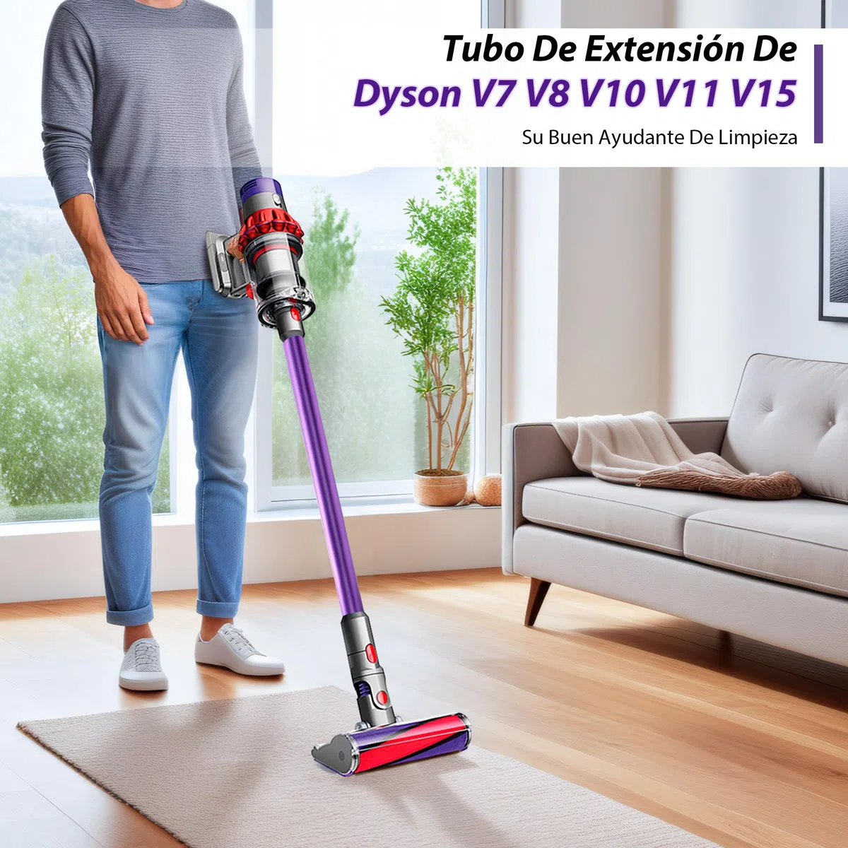 Tubo de Extensión compatible con Dyson V7 V8 V10 V11 V15, Tubo Telescópico Rígido para Aspiradora Dyson, Barra Extensible con Cepillos 2 en 1, Accesorio Aspiradora, Morado