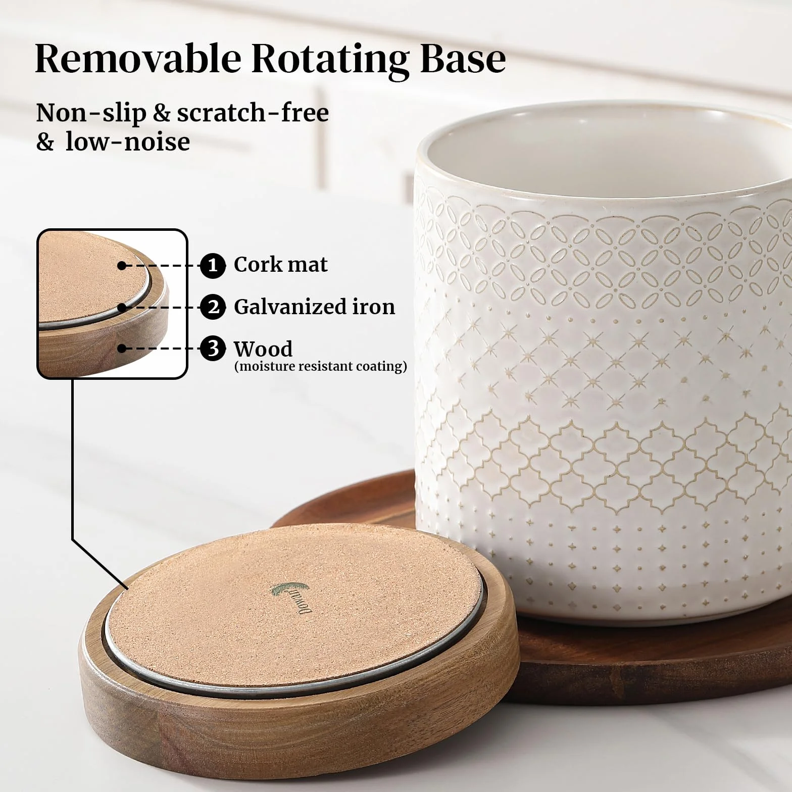 DOWAN Utensilienhalter Küche Drehbar, Küchenutensilienhalter Keramikbehälter für Küchenutensilien, Küchenutensilien Aufbewahrung Beige mit Relief, Utensilienbehälter groß für Kochlöffel