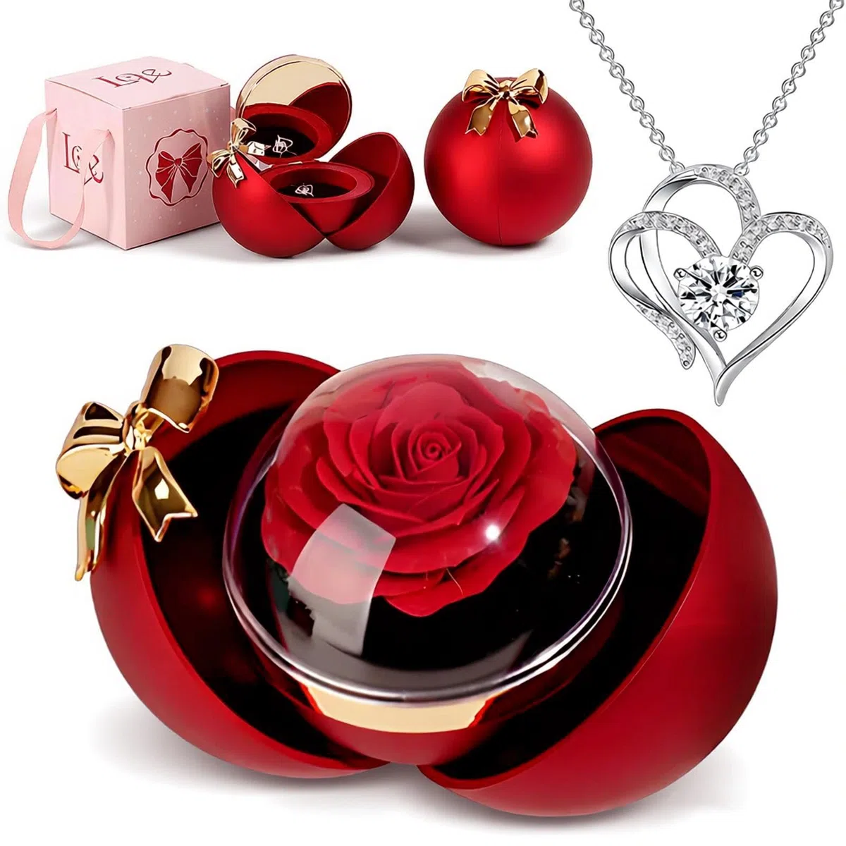 Rosa Eterna Natural Preservada,Caja Rosa Preservada con Collar Regalo，Regalo de Rosas Romántico con Mujer día Madre San Valentín Navidad Compromiso Matrimonio Aniversario Cumpleaños
