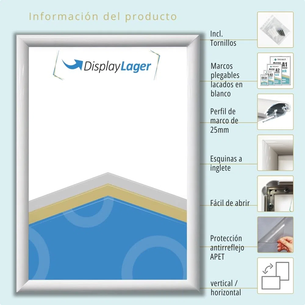 DisplayLager - Marco plegable A1 blanco con perfil de aluminio de 25 mm, cristal protector antirreflectante, material de fijación
