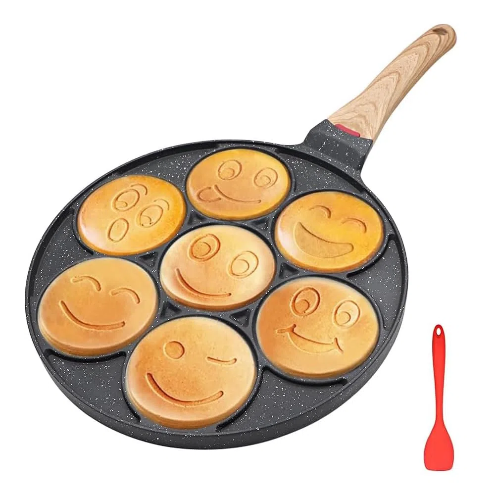 Sarten para Tortitas Smiley, Molde Tortitas Antiadherente 7 Agujeros Sartén para Crepés de Desayuno para Niños 26 cm - Negro