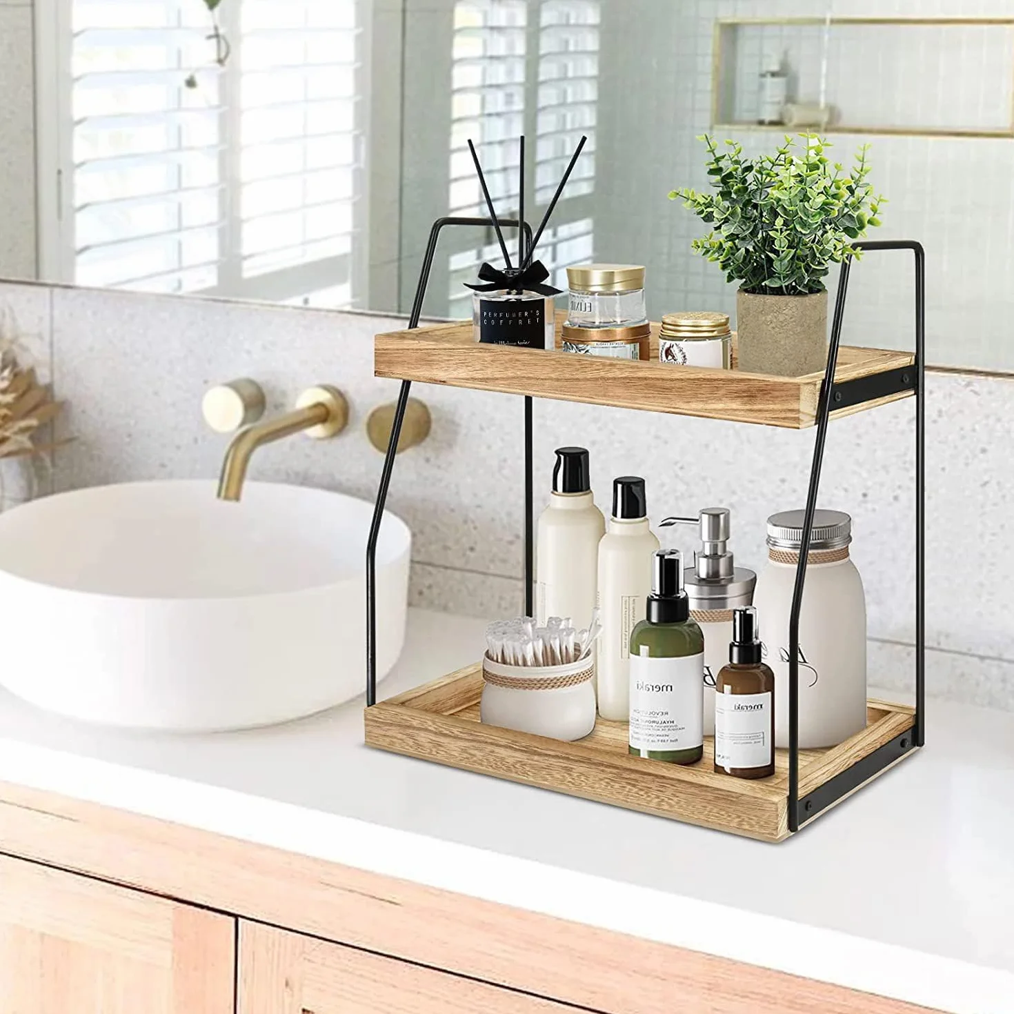 XUDREZ Organizador de estación de café para encimera, organizador de accesorios de barra de café de 2 niveles, almacenamiento de condimentos, estante de cocina de mostrador de madera para baño, cocina