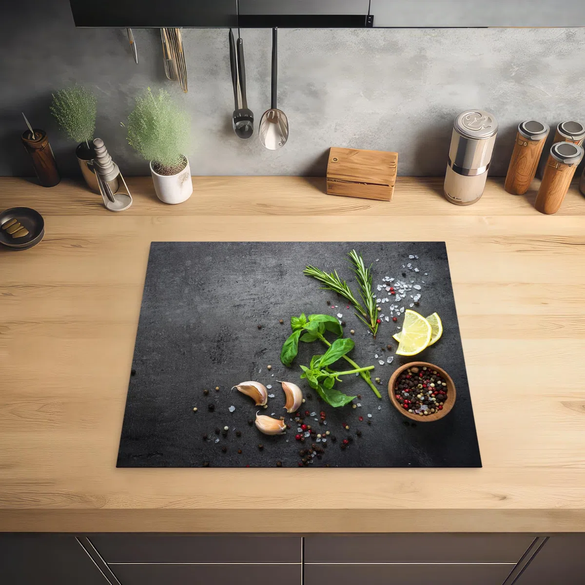 KitchenYeah© Cubre Vitrocerámica - Protector Vitroceramica Induccion 60x52 cm - Tapa Vitroceramica - Protector de Vitroceramica Lima - Hierbas - Especias - Verde - Gris - Hormigón