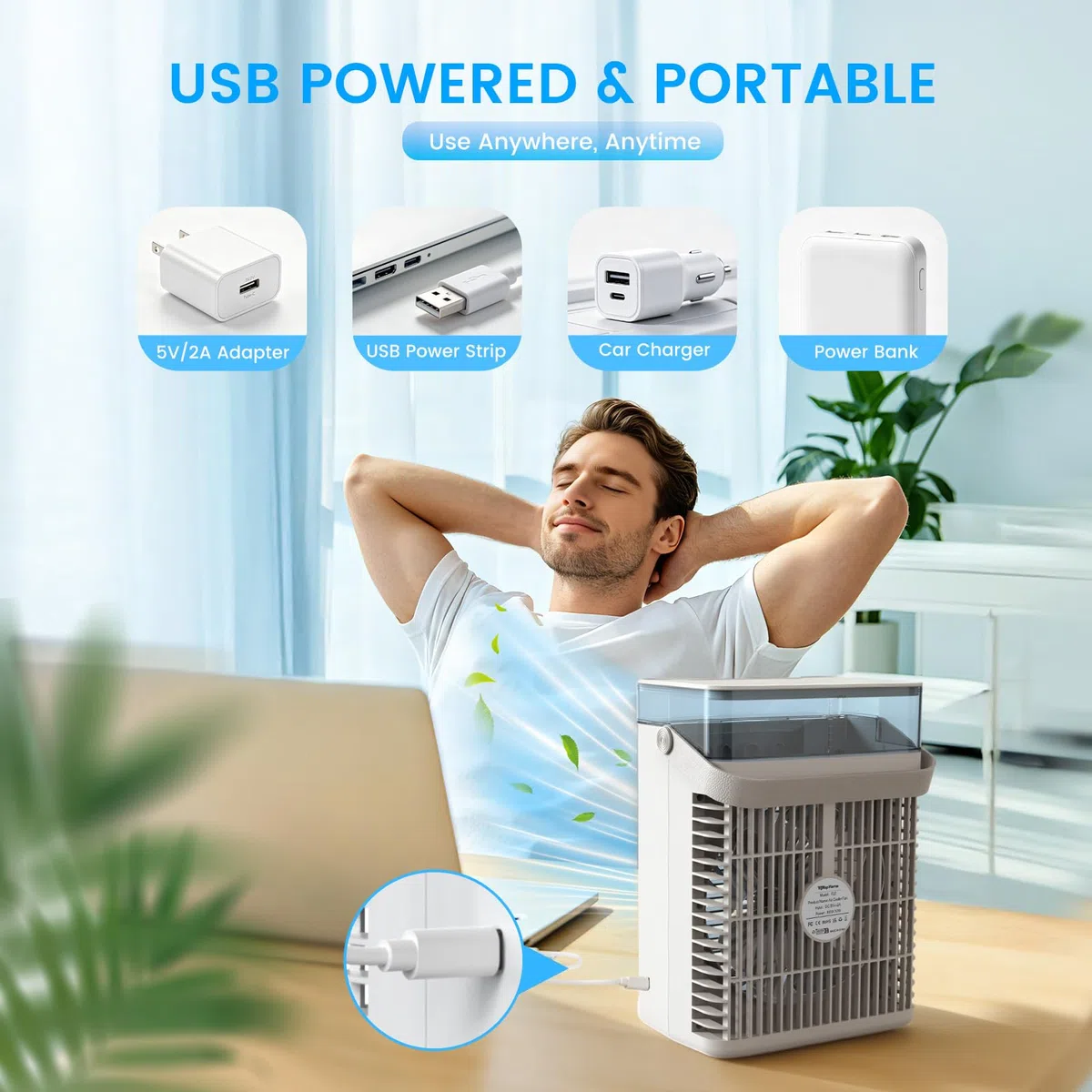 Aire Acondicionado Portátil Sin Tubo 4 en 1, Mini Aire Acondicionado Portátil, Climatizador Evaporativo USB, 3 Velocidades, 2 Modos Niebla, Depósito 1000ML, Temporizador 2/4/8H, Silencioso Ventilador