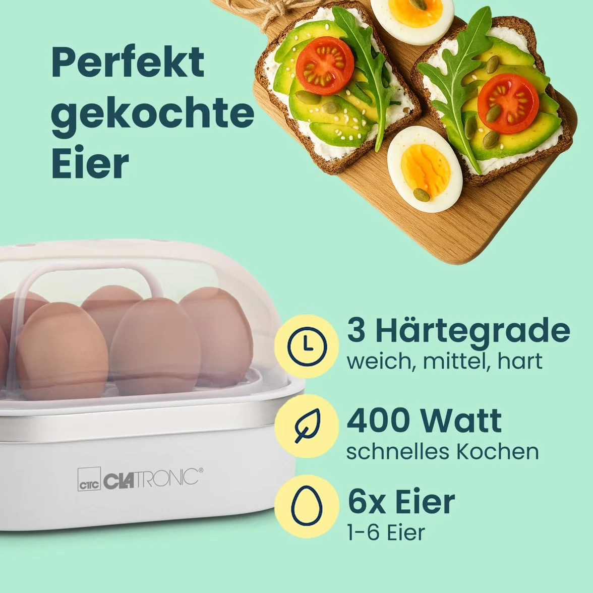 Clatronic EK 3497 - Cuece huevos, para 6 huevos cocidos, 400 W, color blanco