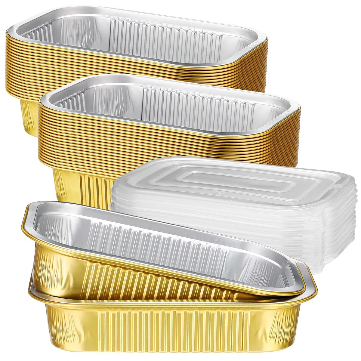Baderke Paquete de 20 moldes de aluminio de 50 onzas con tapas, moldes de aluminio para hornear, 8.7 x 6 pulgadas, moldes desechables para pasteles, horno microondas, cocina, hornear, recipiente de