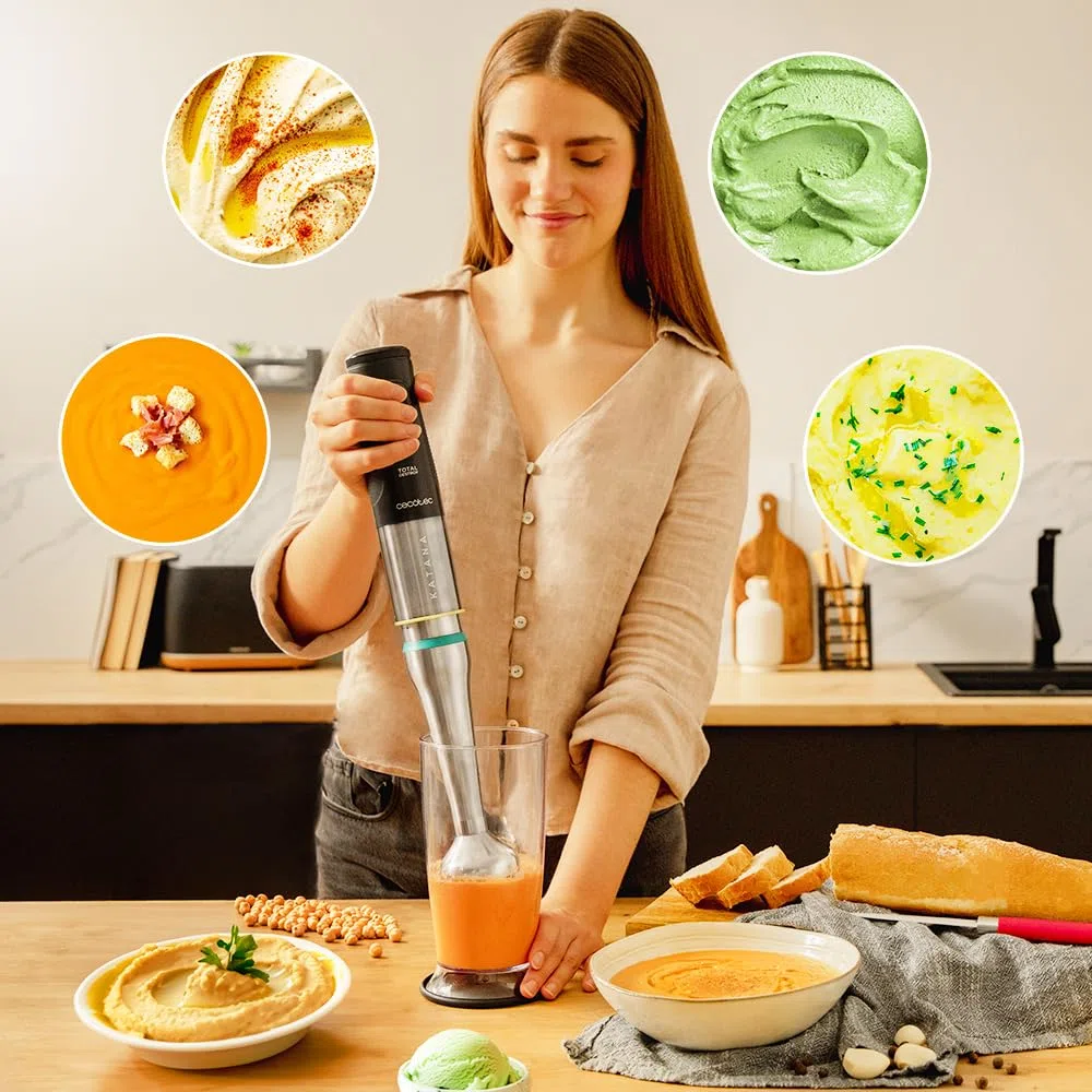 Cecotec Batidora de Mano Katana 12 Chop B. 1200 W, 21 Velocidades y Turbo, 4 Hojas con Titanio Negro, Campana antisalpicaduras, Pie extralargo, Vaso 800 ml, Kit de accesorios