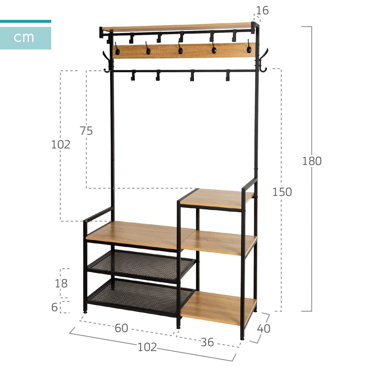 AKTIVE Max Home Zapatero entrada recibidor y perchero de pie, 17 ganchos y 4 estantes, 102x40x180 cm, Industrial, Recibidores, Estantería, Patas nivelables, Zapateros, Percheros pared (18429)