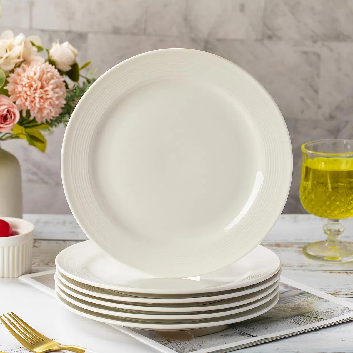 ZPPLD Juego de 6 Platos de Postre de Cerámica,Plato Llano De CeráMica Ø20,3 cm (8 inch), Platos Blancos para Postres, Plato De Pasta,Pasteles y Aperitivos Vajilla Para Lavavajillas Y Microondas (C)