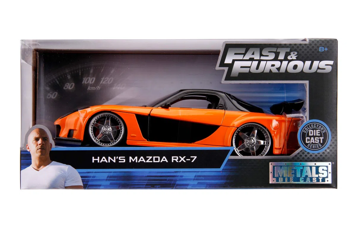 Jada Toys 253203058 Fast & Furious Han's Mazda RX-7 - Coche Tuning a Escala 1:24 con alerón, Puertas Que se abren, capó y Maletero, Rueda Libre, Color Naranja