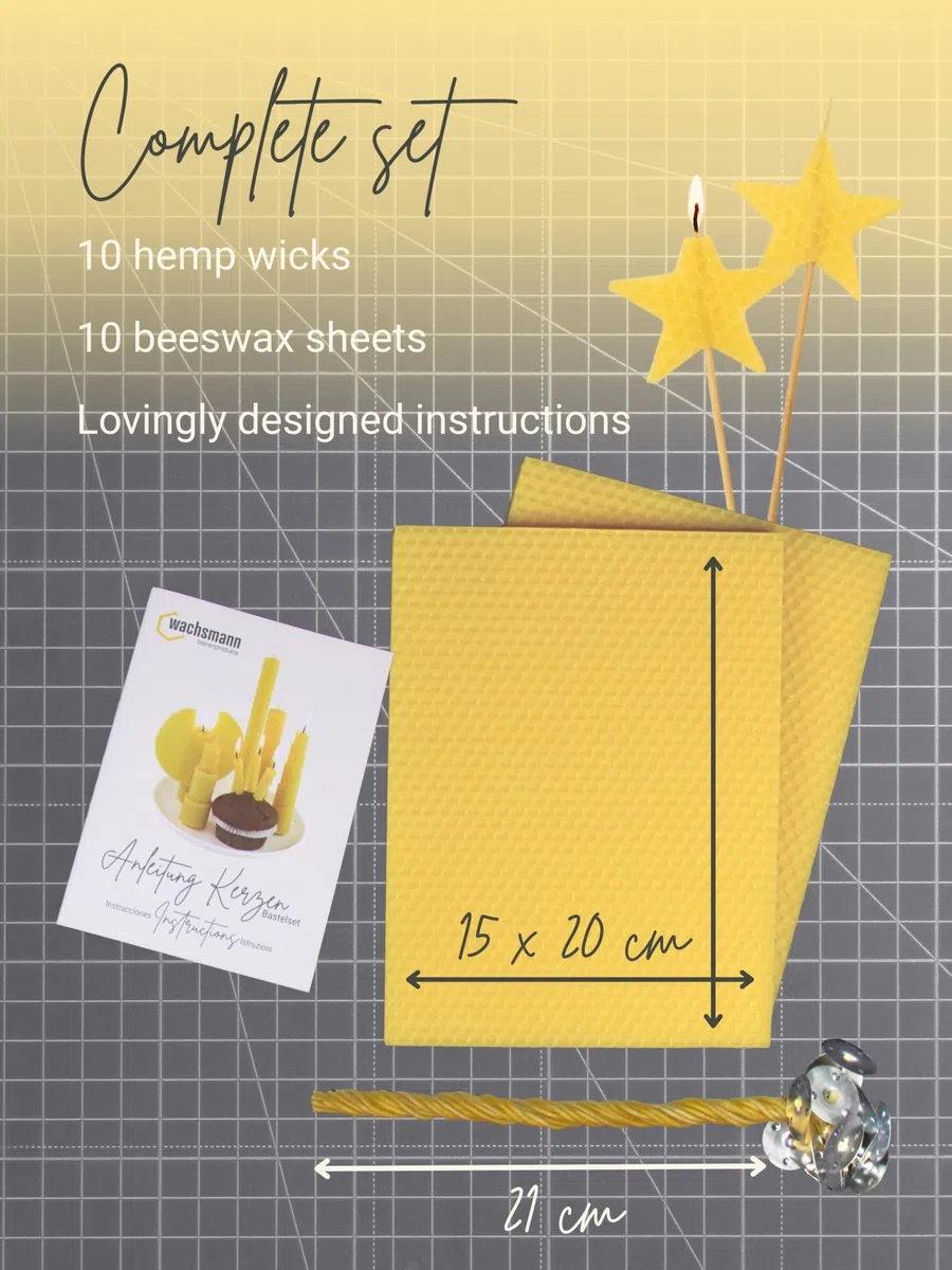 Wachsmann Set de bricolaje para hacer velas de cera de abejas – Kit de inicio para 10 velas en muchos colores – 100% cera de abejas pura de Alemania, incluye 10 mechas de cáñamo y manual ilustrado