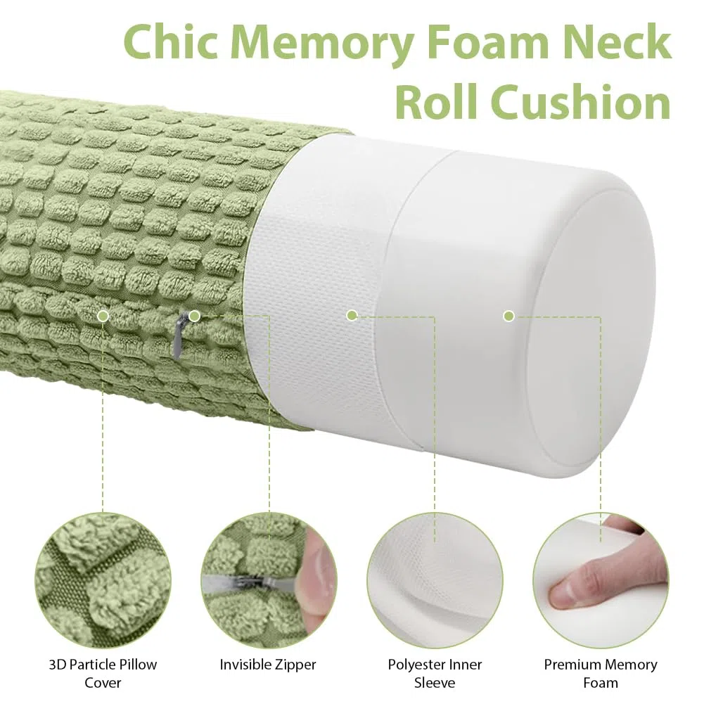 Almohada cervical con funda, cojín cervical de espuma viscoelástica, 11 x 45 cm, cojín cervical ortopédico, lavable, rollo de rodilla, rollo de almacenamiento, color verde