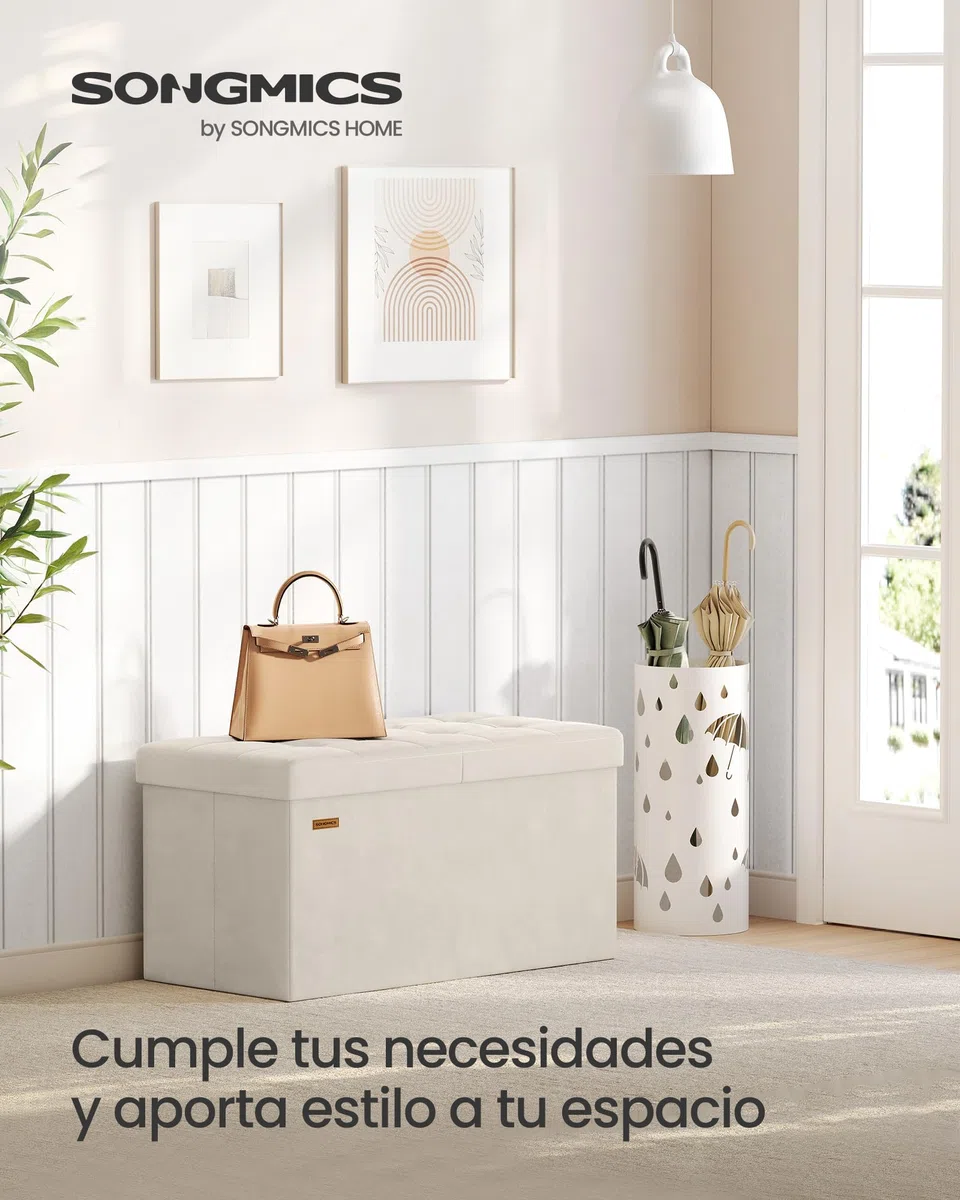 SONGMICS Puff Almancenaje, Banco Almacenaje Plegble, 38 x 76 x 38, Tapa Abatible, Taburete con Reposapiés, Carga 300 kg, Entrada, Salón, Dormitorio, Tela de Terciopelo, Beige Capuchino LSF048LH01