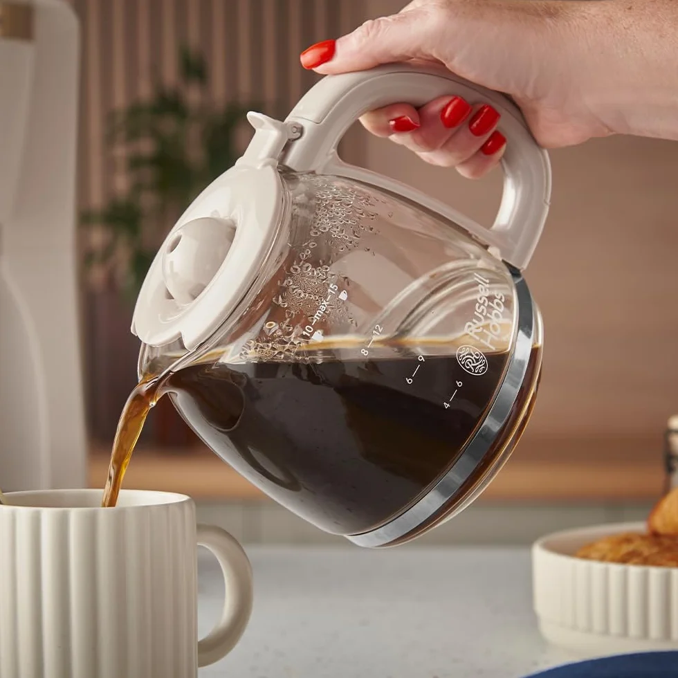 Russell Hobbs Cafetera de Goteo [1,25L, 1100W] Brontë Stone (Jarra de vidrio, 10-15 tazas, WhirlTech, Mantiene calor, Cuchara, Pausa para servir, Nivel agua, Luz indicadora, Gris piedra) 26781-56