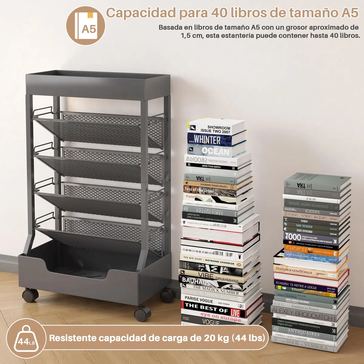 Estantería Móvil con Rueda, Organizador de Escritorio | 6 Niveles, Metal, Carrito Almacenamiento para Libros, Revistas, Gran Capacidad, Estantería de Oficina, Gris