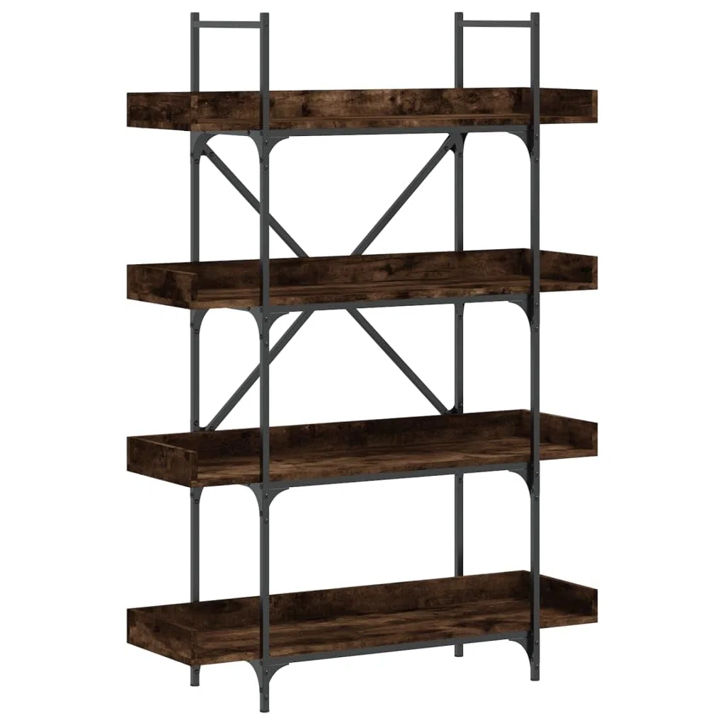 Estantería de 4 estantes roble ahumado 100 x 33 x 145,5 cm de material de madera moderna con marco de metal en X para sala de estar, dormitorio, oficina
