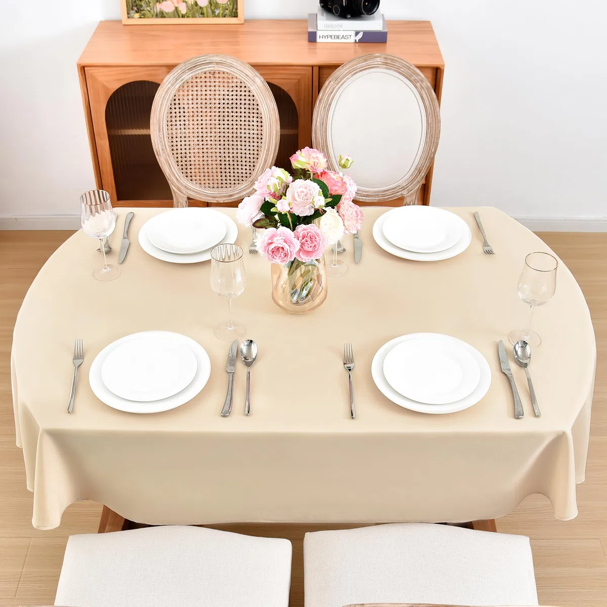 eeivs Mantel ovalado color beige, 152 x 213 cm, para mesa de comedor | Mantel de tela de poliéster lavable, color liso, uso diario para el hogar, cocina, fiesta, boda
