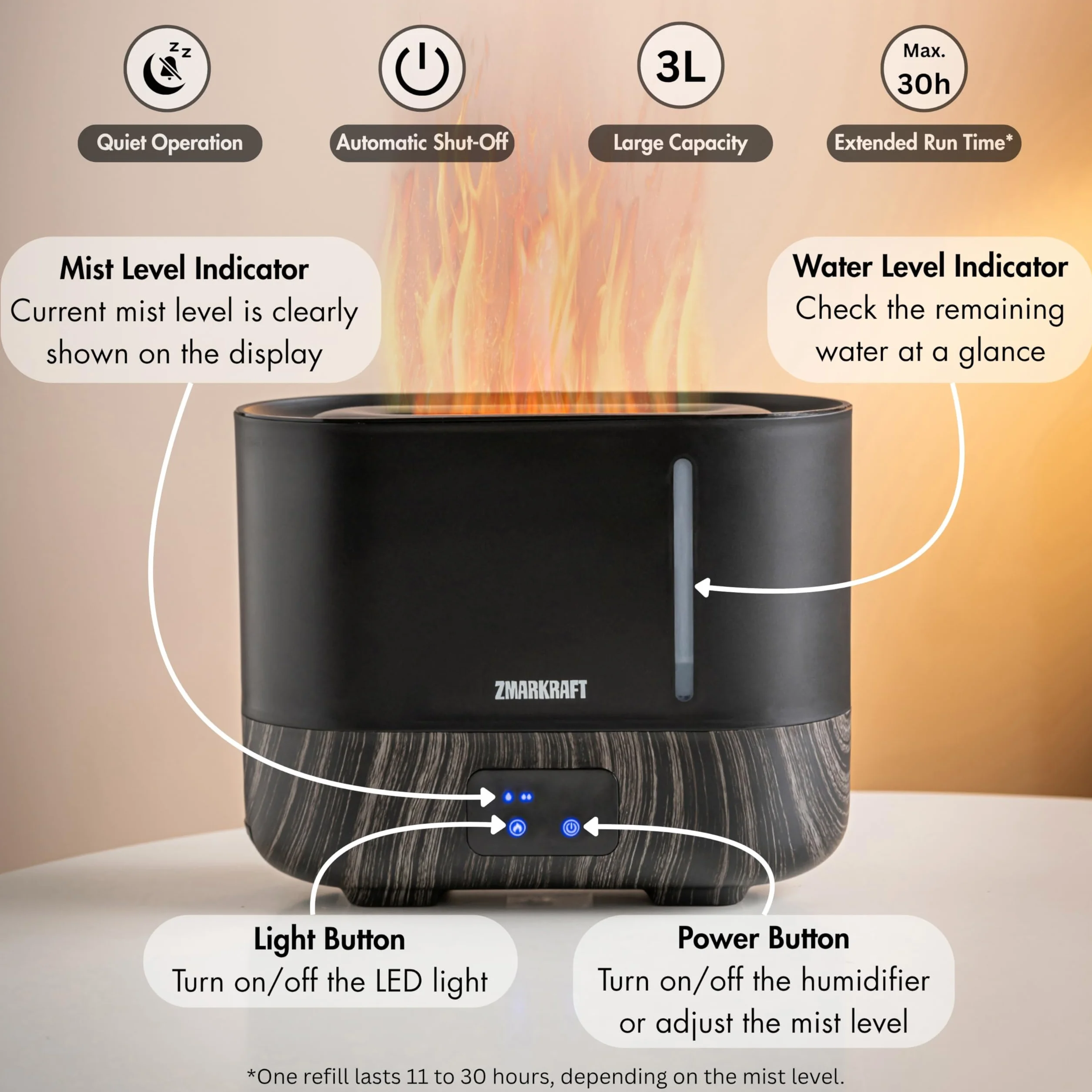 Humidificador de 3 litros con efecto de luz especial de llama, humidificación ultrasónica silenciosa, llenado superior y nivel de niebla ajustable, humidificador de niebla fría para