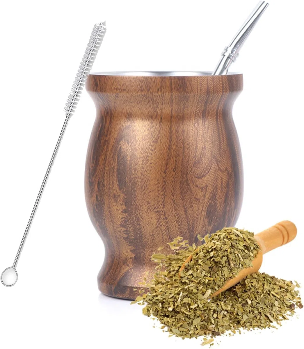 Juego de Taza Mate con Pajita y Cepillo Limpieza - Set Té Mate Madera