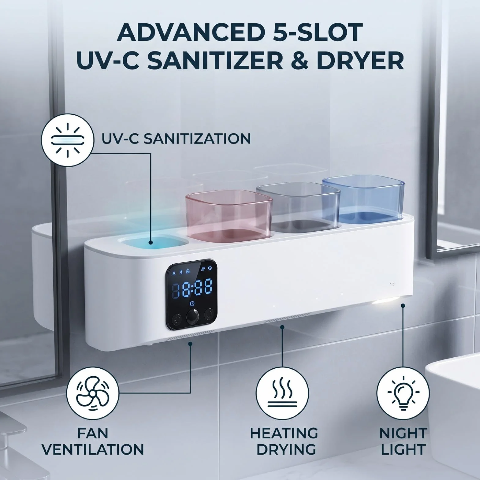 Jectse Soporte para Cepillo de Dientes Eléctrico, Montado en la Pared con Pantalla Táctil LED, 5 Ranuras para Cepillos de Dientes Eléctricos, Desinfectante UVC con 3 Modos y Secado por