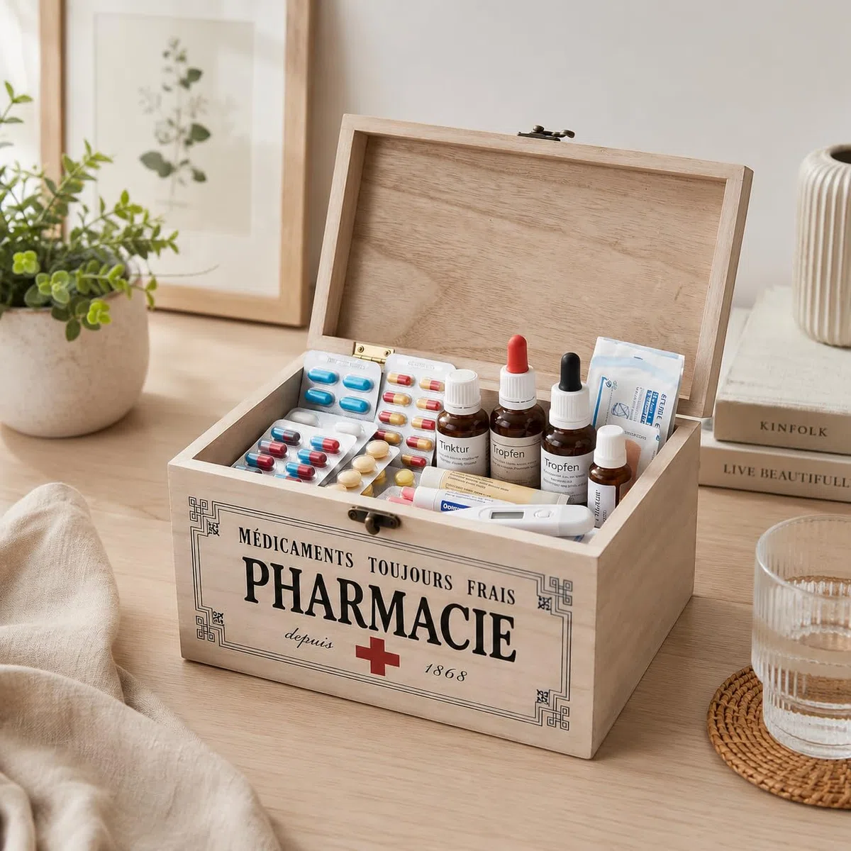 khevga - Caja con Tapa de Madera y decoración con Motivos de Farmacia (23 x 13 x 13 cm)