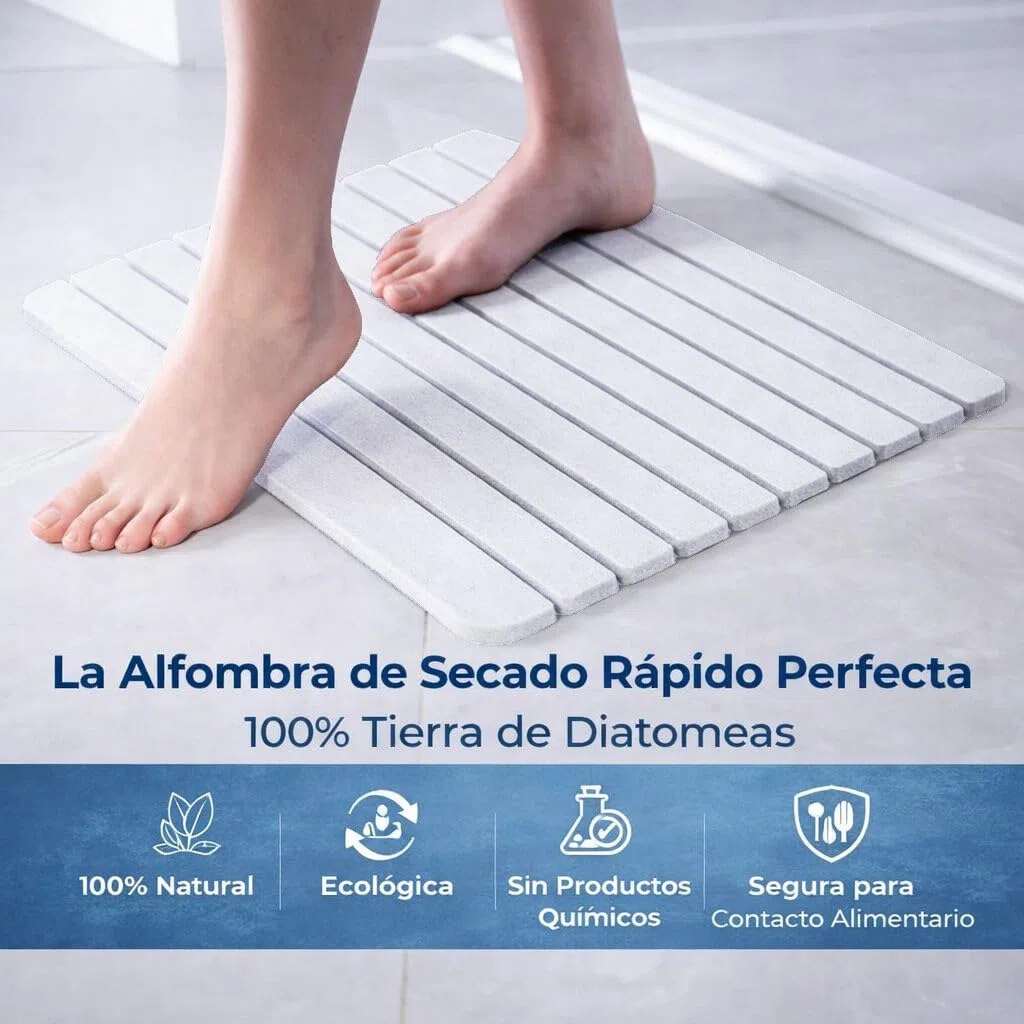 Alfombra Baño Diatomita XL 60x40cm Enrollable Secado Rápido + Malla Antideslizante – de Piedra Diatomea Anti Moho y Sin Olores – Ultra Absorbente Antideslizante para Ducha - Alta Absorción | Blanco