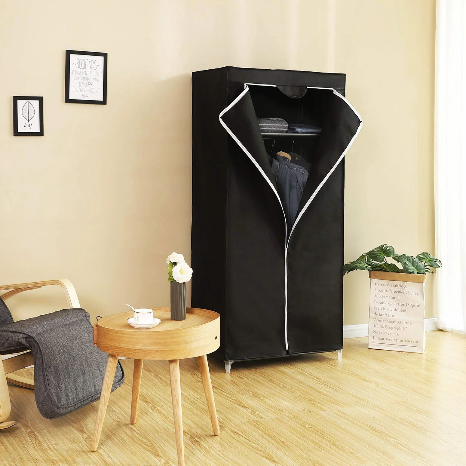 SONGMICS Armario de Tela, Armario Plegable con Barra de Colgar, Perchero Individual, Organizador de Bolsas, Juguetes, Zapatos, Sala, Dormitorio, 75 x 45 x 160 cm, Negro RYG83H
