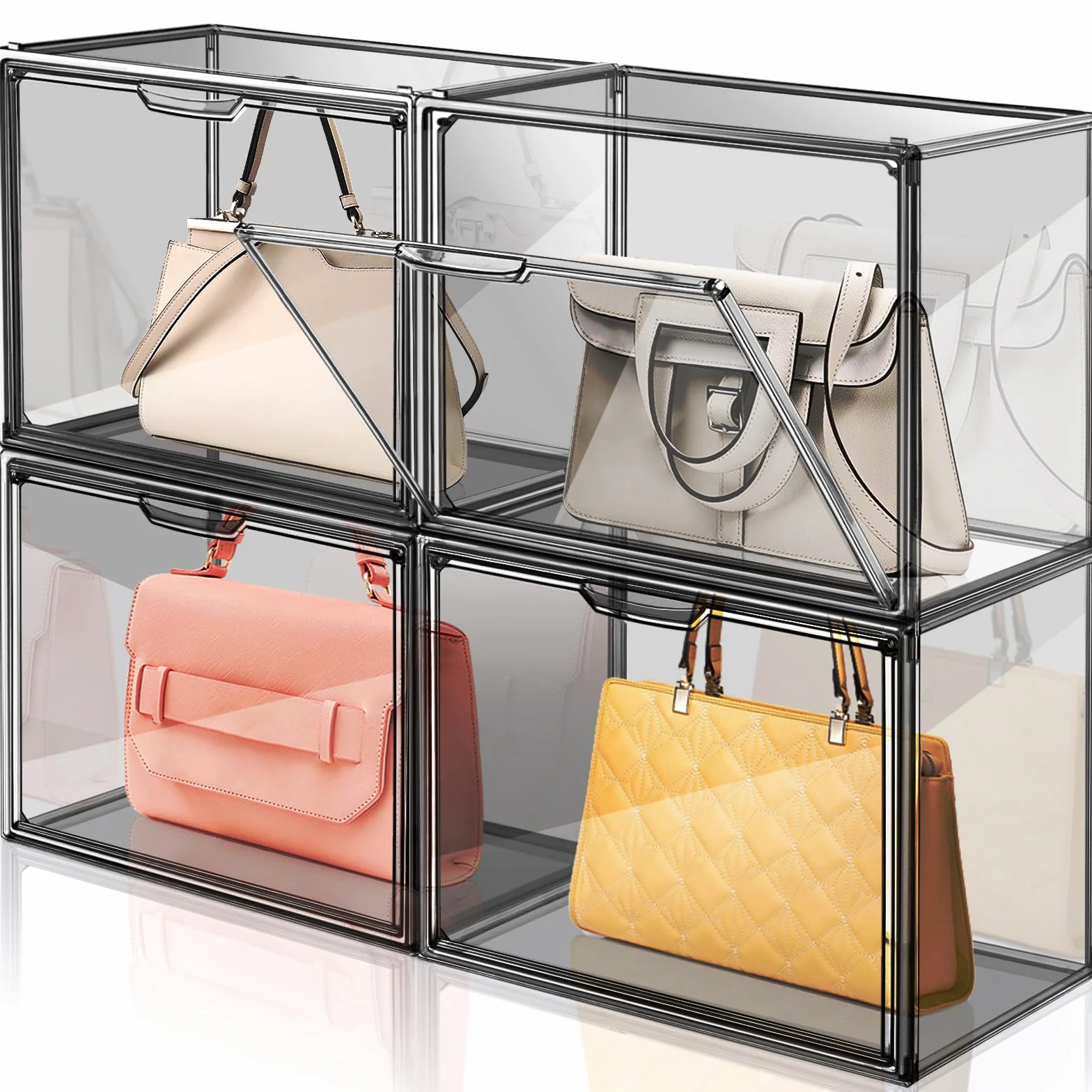 Paquete de 4 organizadores de almacenamiento de bolsos para armario, vitrina acrílica gris transparente para bolso de mano, organizador de almacenamiento apilable con puerta magnética para