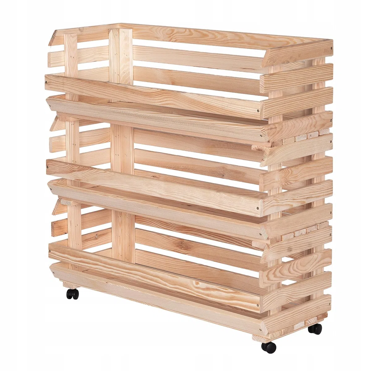 Caja de Madera para Frutas y Verduras con Ruedas 77x79x30 cm Madera Natural Estantería Cocina 3 Niveles Cestas Apilables Almacenaje Patatas Cebollas Ajo
