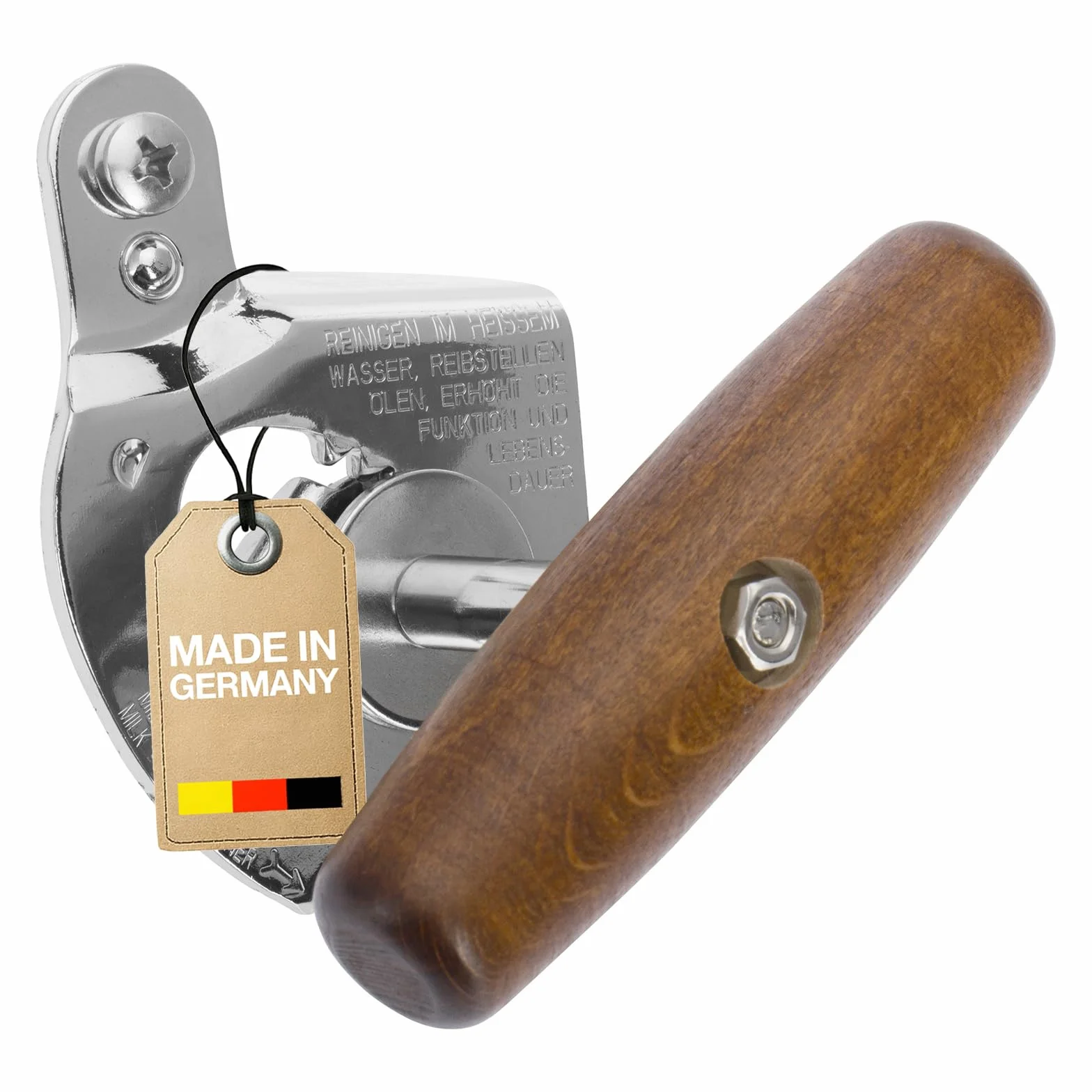 Westmark Abrelatas profesional 1 Unidad – Edición Monopol Titanio – Robusto Abrelatas de Acero – Mango de Madera Ergonómico, Duradero – Plata/Marrón