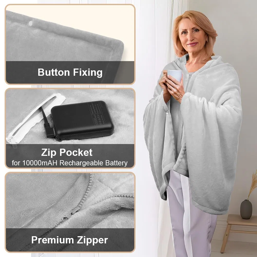 Manta eléctrica, manta eléctrica inalámbrica con batería de 10000 mAh, manta eléctrica portátil con franela suave (gris) ll, cojín térmico para espalda, cuello y hombros (gris A)