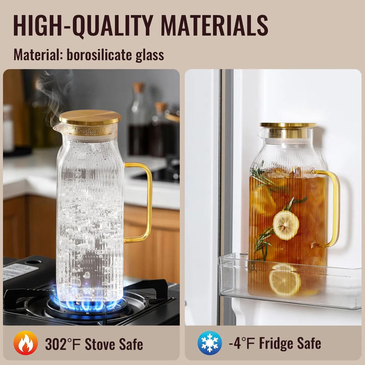 Paquete de 2 jarras cuadradas de vidrio de 2 litros con tapa, jarras de agua clásicas a rayas con asa para refrigerador, jarra grande para té helado, café, jarra de vidrio de borosilicato para bebidas