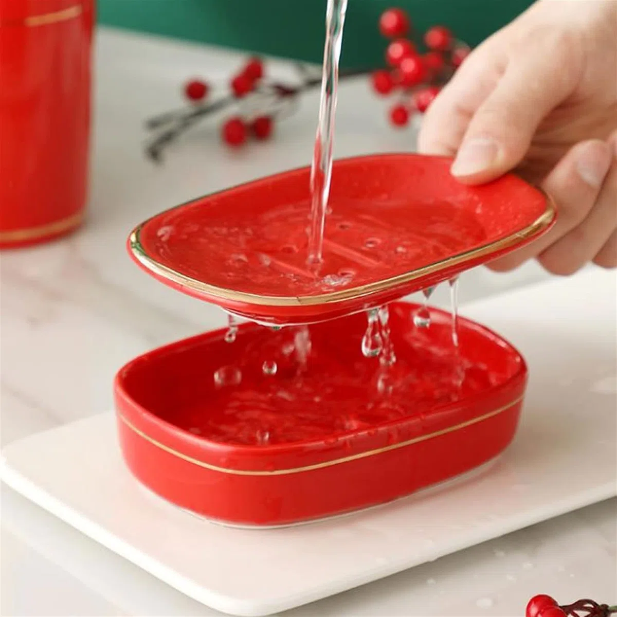 Dosificador de jabón Accesorios de baño Conjunto de cerámica Cerámica de 6 piezas Rojo - Kit de decoración de baño incluye dispensador de jabón Soporte de cepillo de dientes Soporte de cepillo de vaso