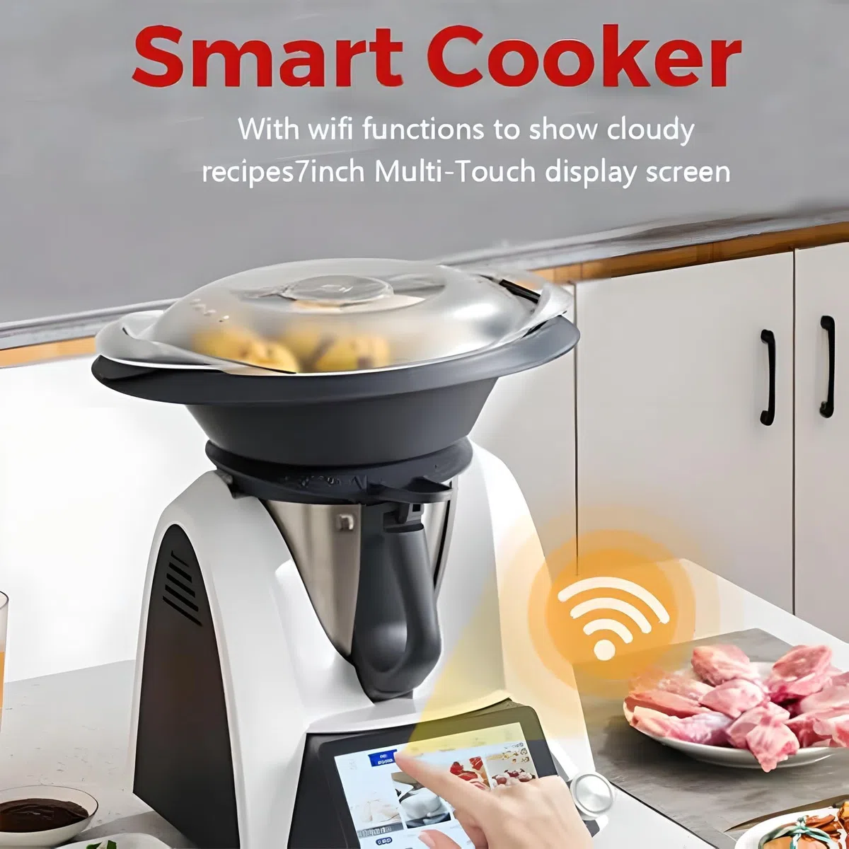 Robot de Cocina Inteligente Thermomixer Eléctrico, Máquina de Cocina Automática de 1500W con Pantalla Táctil WiFi de 7 Pulgadas, Cuenco de Mezcla de 2L y Vaporizador de 3L