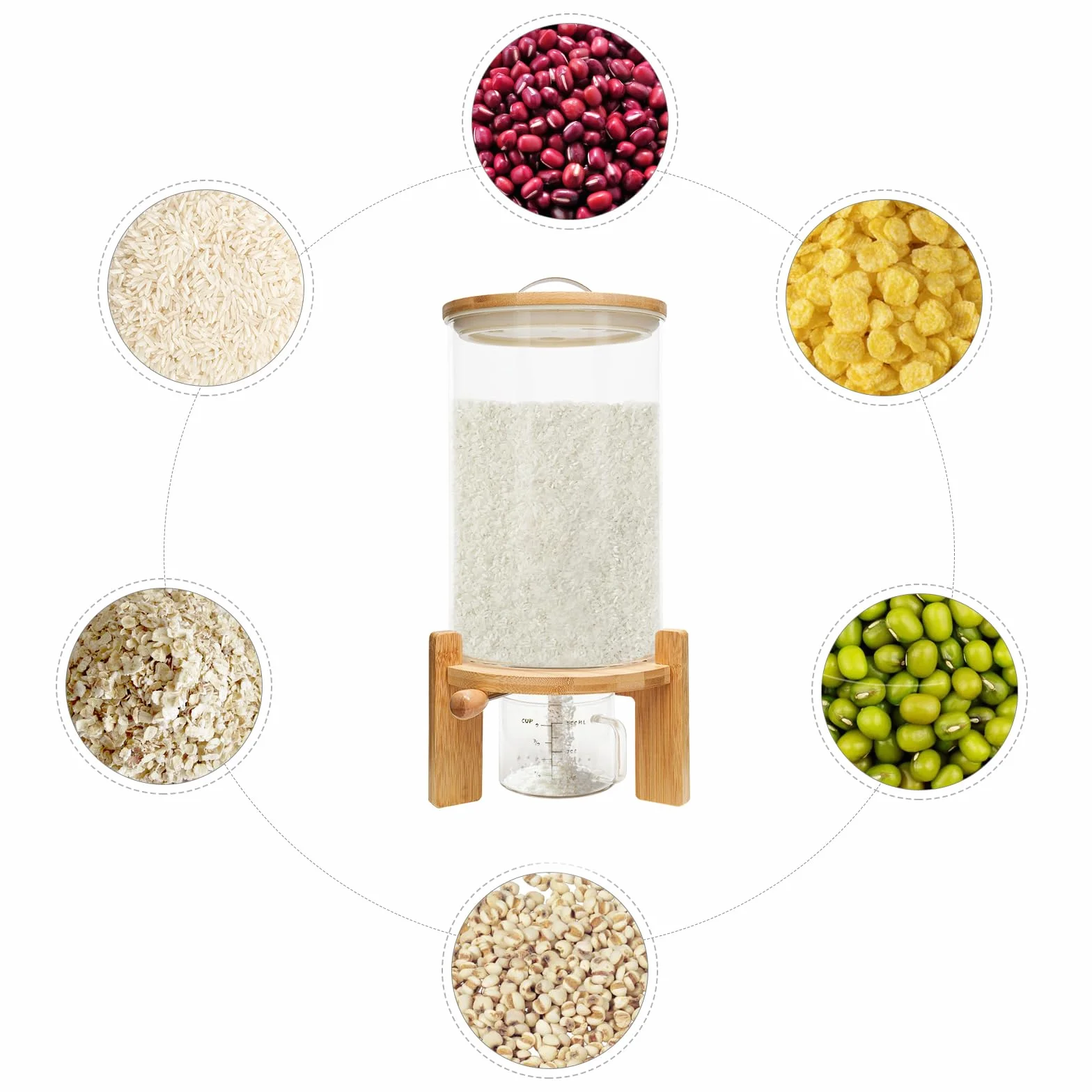 Dispensador de cereales (7,5 L, con válvula y base redonda) | Tarro de cristal, tapa de bambú, junta de silicona, termómetro integrado, vaso medidor, 45 cm de altura total