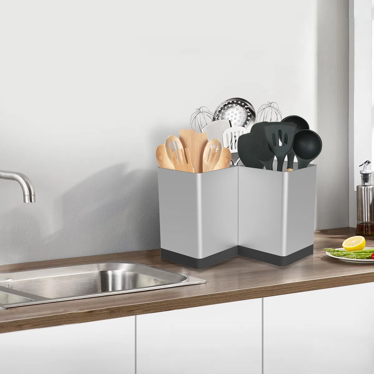 Suli Organizador de utensilios, carrito de cocina para encimera, esquinas, estilo rústico, almacenamiento rústico para cocina, 3 compartimentos, color plateado