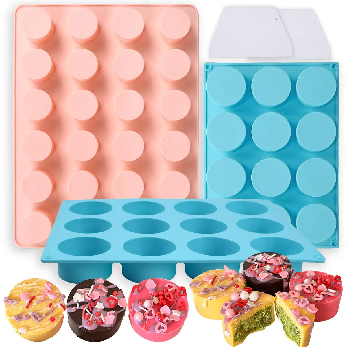 Juego de moldes de silicona cubiertos de chocolate de 2 tamaños diferentes, 24 cavidades y 12 cavidades redondas con 2 espátulas para núcleos de pasteles, postres de chocolate, pasteles