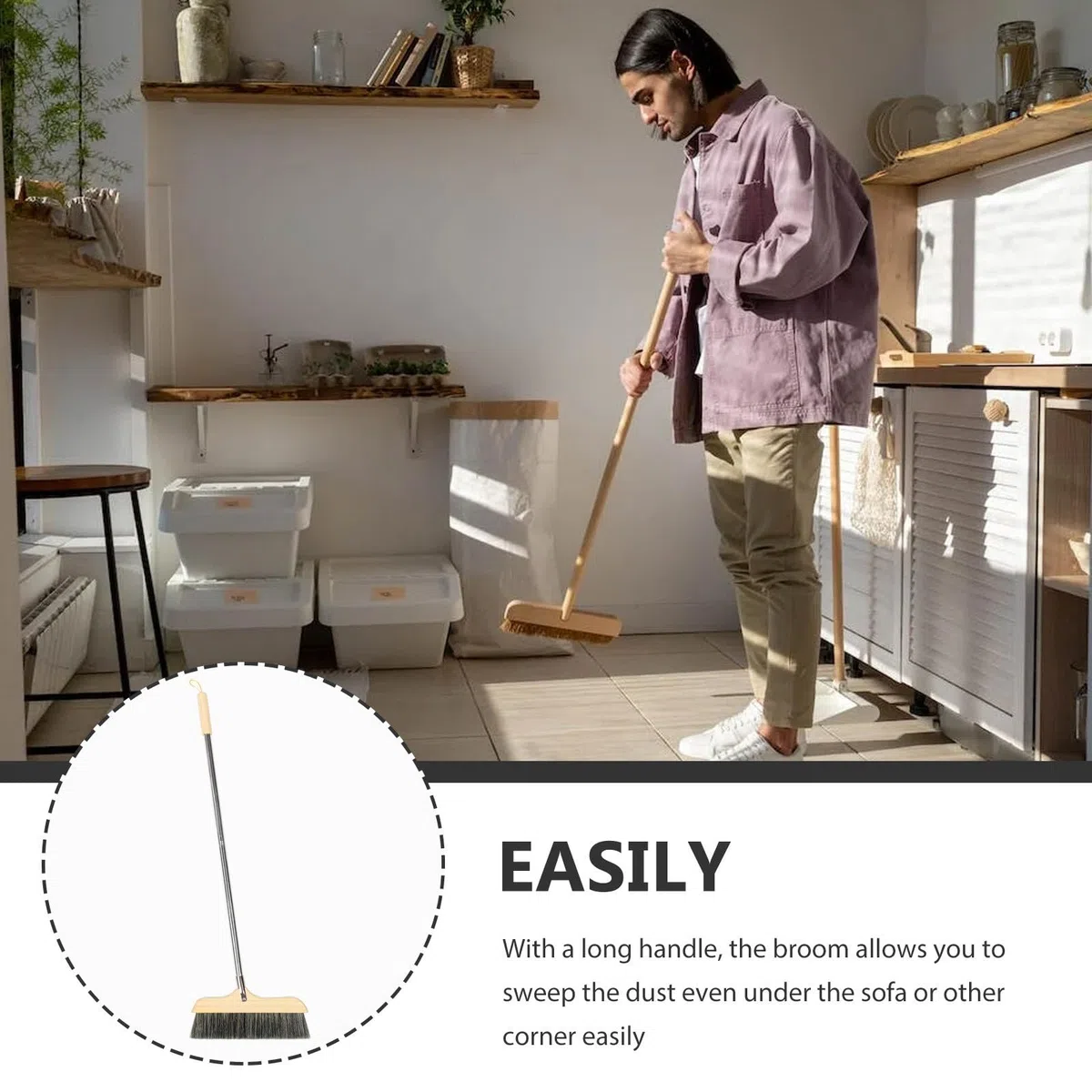 Gadpiparty Escoba de Limpieza Hogar Mango Largo de Acero Inoxidable y Cerdas de Madera, Fácil Almacenamiento y Diseño para Limpiar Esquinas en Cocina y Oficina