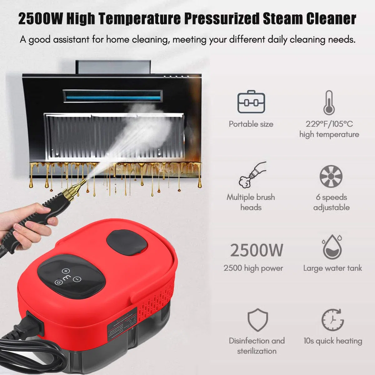 Limpiador a Vapor Portátil De 1 Litro con 3 Cabezales De Cepillo, Irishom, Limpieza a Vapor De Alta Presión Y Alta Temperatura De 2500 W, para Papel Pintado, Suelos, Moquetas Red