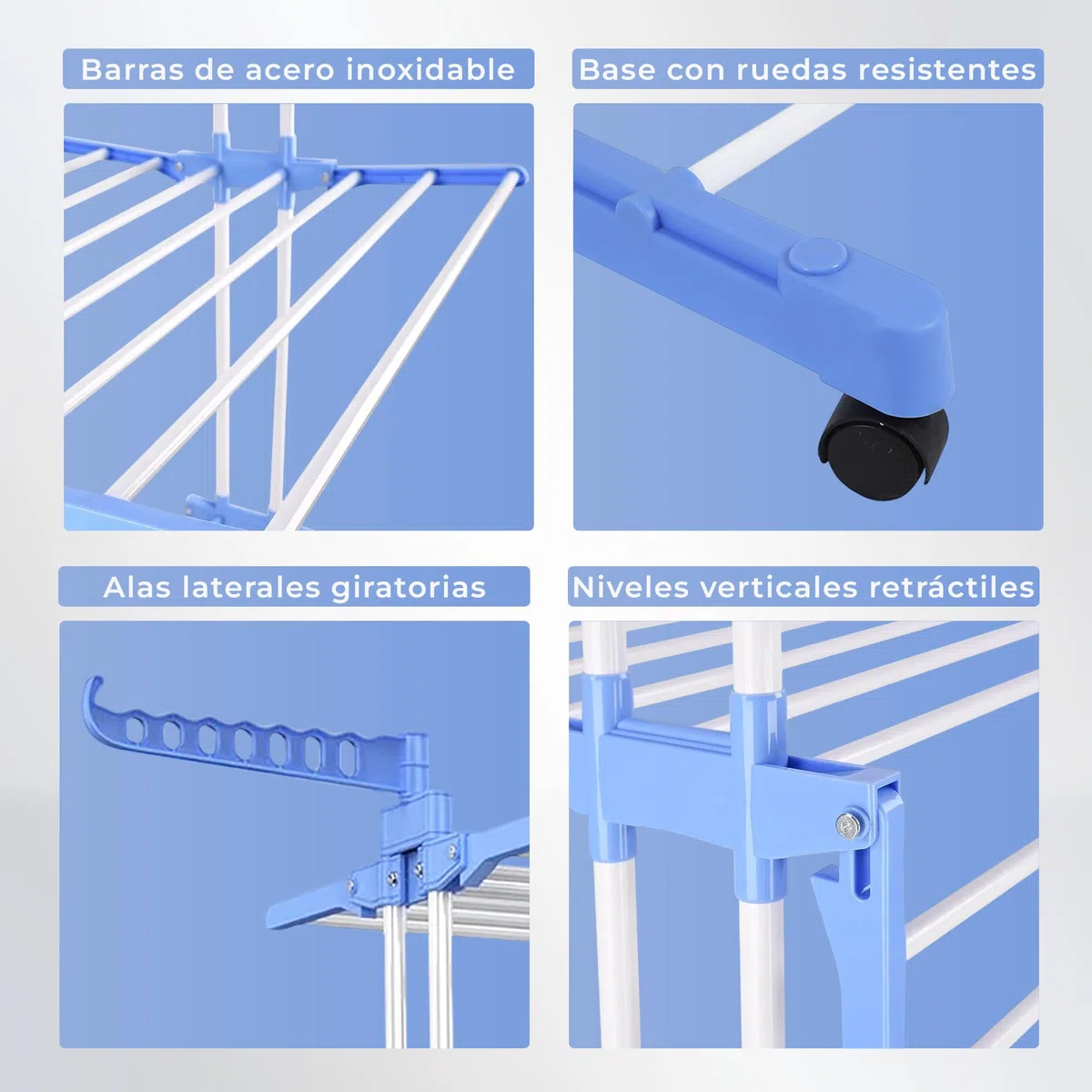 JUPPLIES Tendedero Vertical Plegable 175 cm Extensible 4 Niveles – Acero Inoxidable con Alas Giratorias y Ruedas – Compacto y Montaje Fácil para Piso, Cocina o Balcón