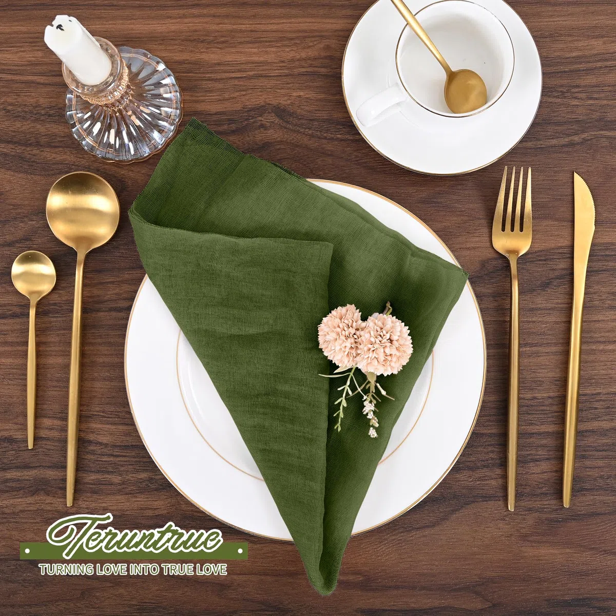 Teruntrue Lote de 30 servilletas de Tela Color Verde Oliva, 50 x 50 cm, servilletas de Gasa, servilletas de Mesa Estilo Bohemio para cenas, Decoraciones para Bodas y Fiestas de cumpleaños