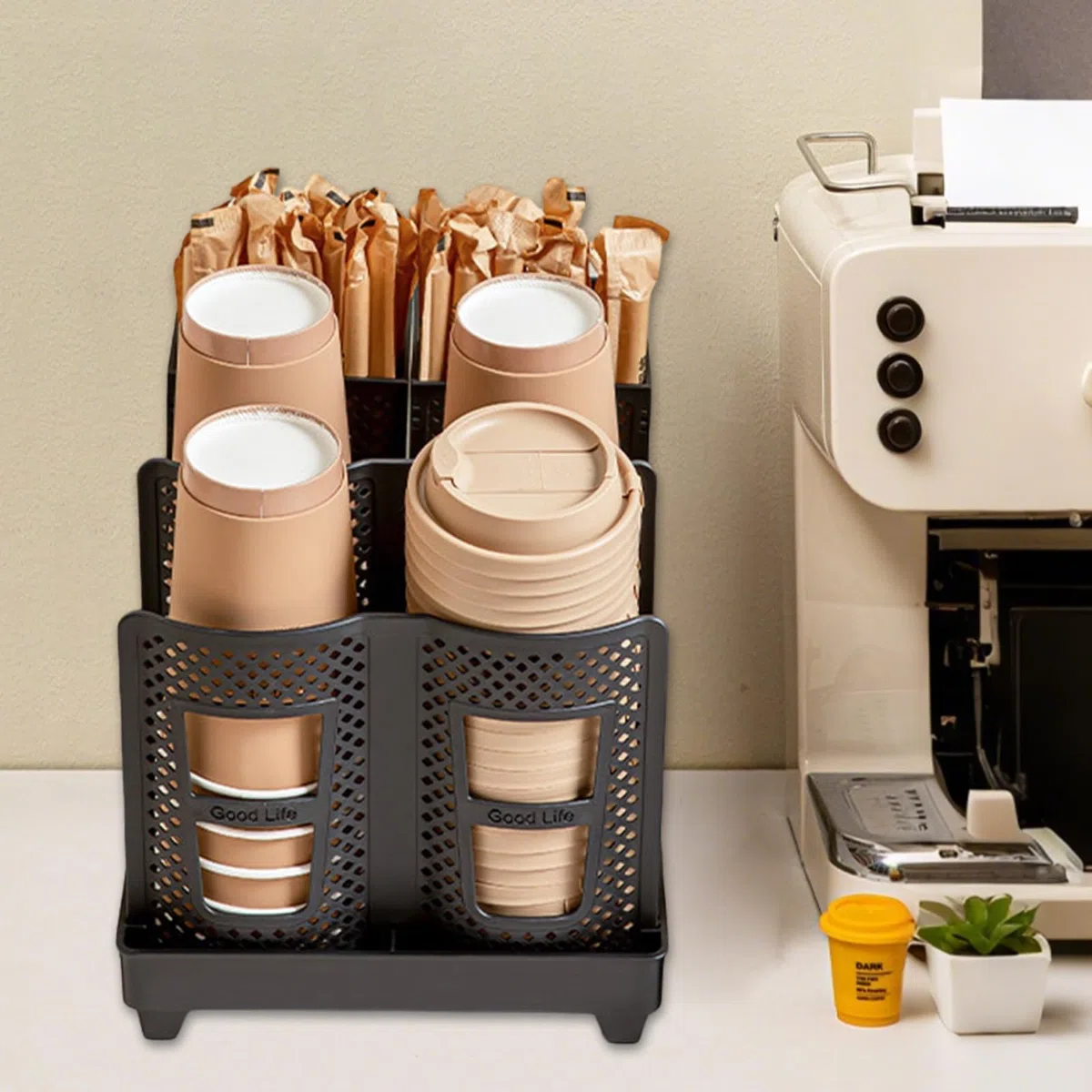 Organizador de tazas de café desechables, soporte para tazas y tapas con soporte, 6 compartimentos, organizador de vasos de papel, dispensador de vasos desechables para estación de café, oficina