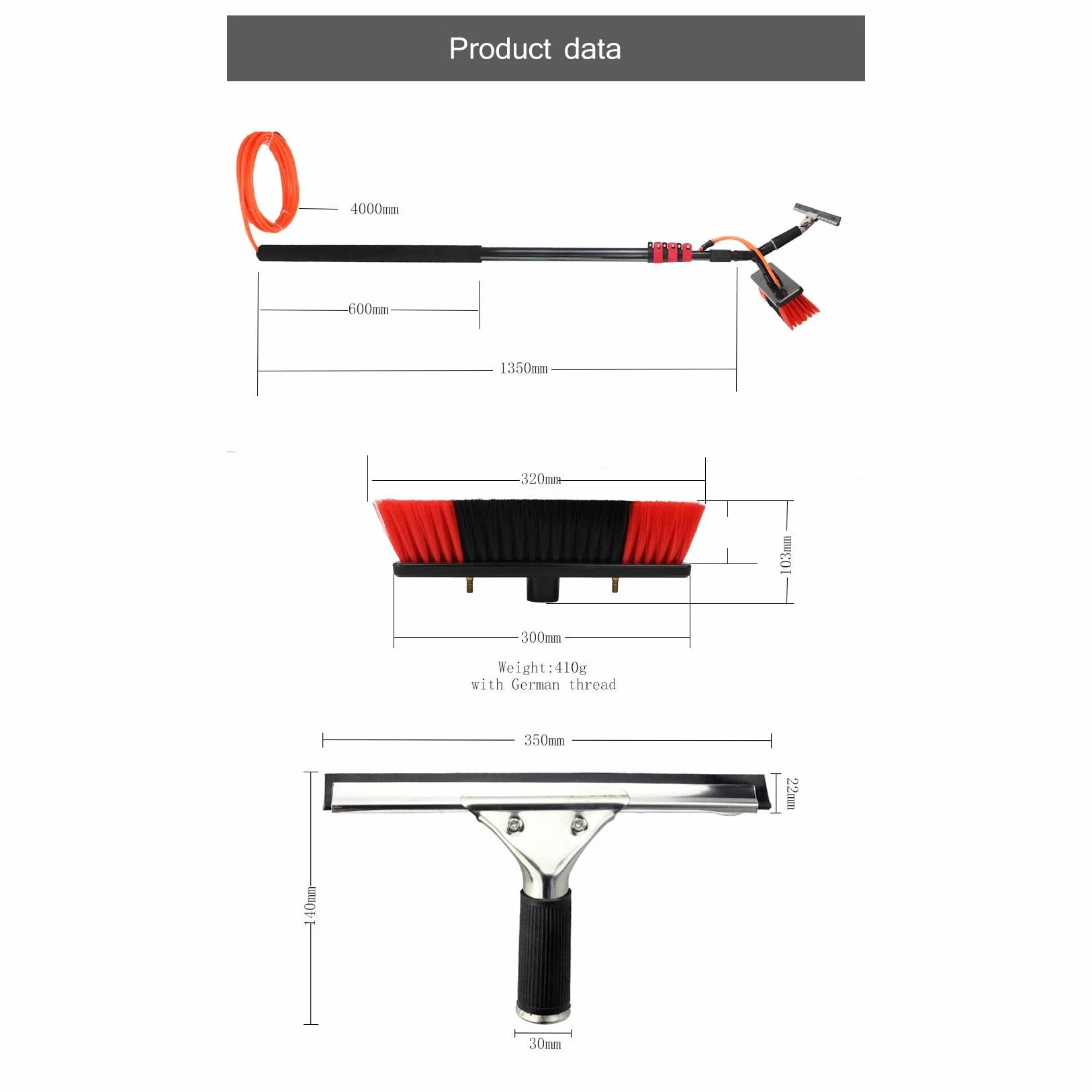 Teles - Kit de limpieza de ventanas extensible, sistema de cepillo alimentado por agua con mango de largo alcance y rasqueta para un brillo sin rayas, perfecto para uso doméstico y profesional