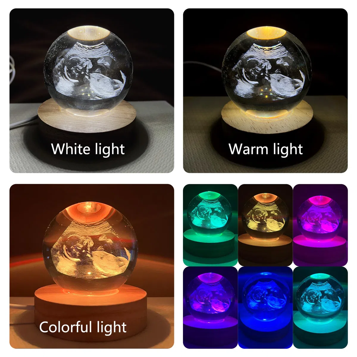 Bola de Cristal Personalizada con Base de Luz LED, Bola de Decoración con Grabado de Foto por Ultrasonido, Marco de Texto y Fotos Personalizable, Regalos Sorpresa para Futuros Padres