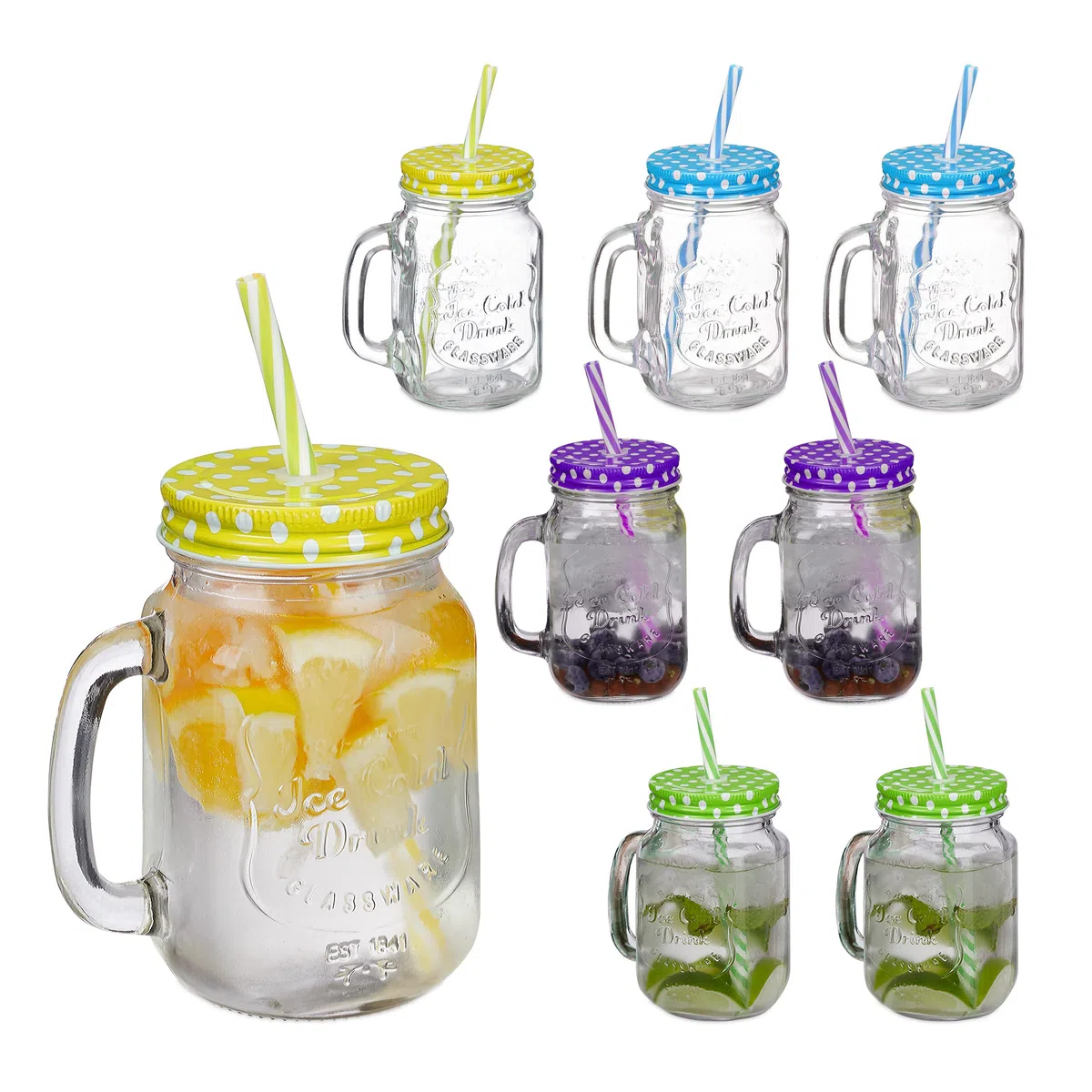 Relaxdays Jarras con Tapa y Pajita, Set de 8 Jarritas Limonada, 400 ml, Vasos Retro Veraniegos con Asa, Multicolor