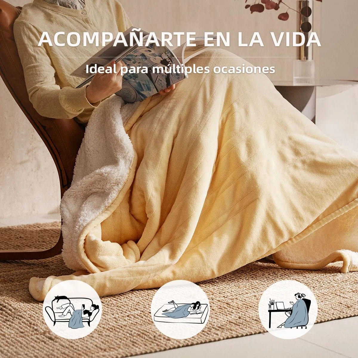 JET'S HOME Manta Eléctrica 130x180 cm, Manta calefactora 6 Niveles de Calor, Temporizador Ajustable, Lavable a Máquina, Protección contra Sobrec Calentamiento (Amarillo)