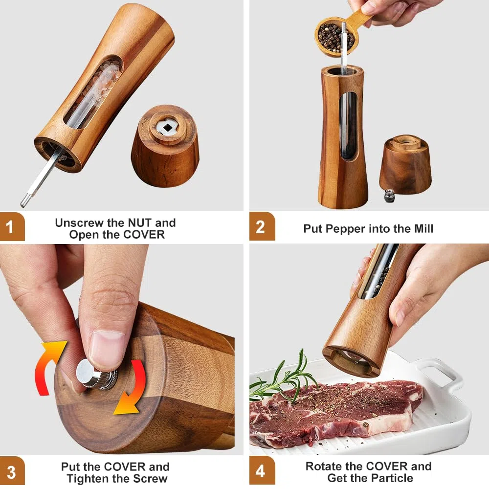 Juego de molinillos de sal y pimienta de madera de 8 pulgadas con bandeja manual para sal y pimienta