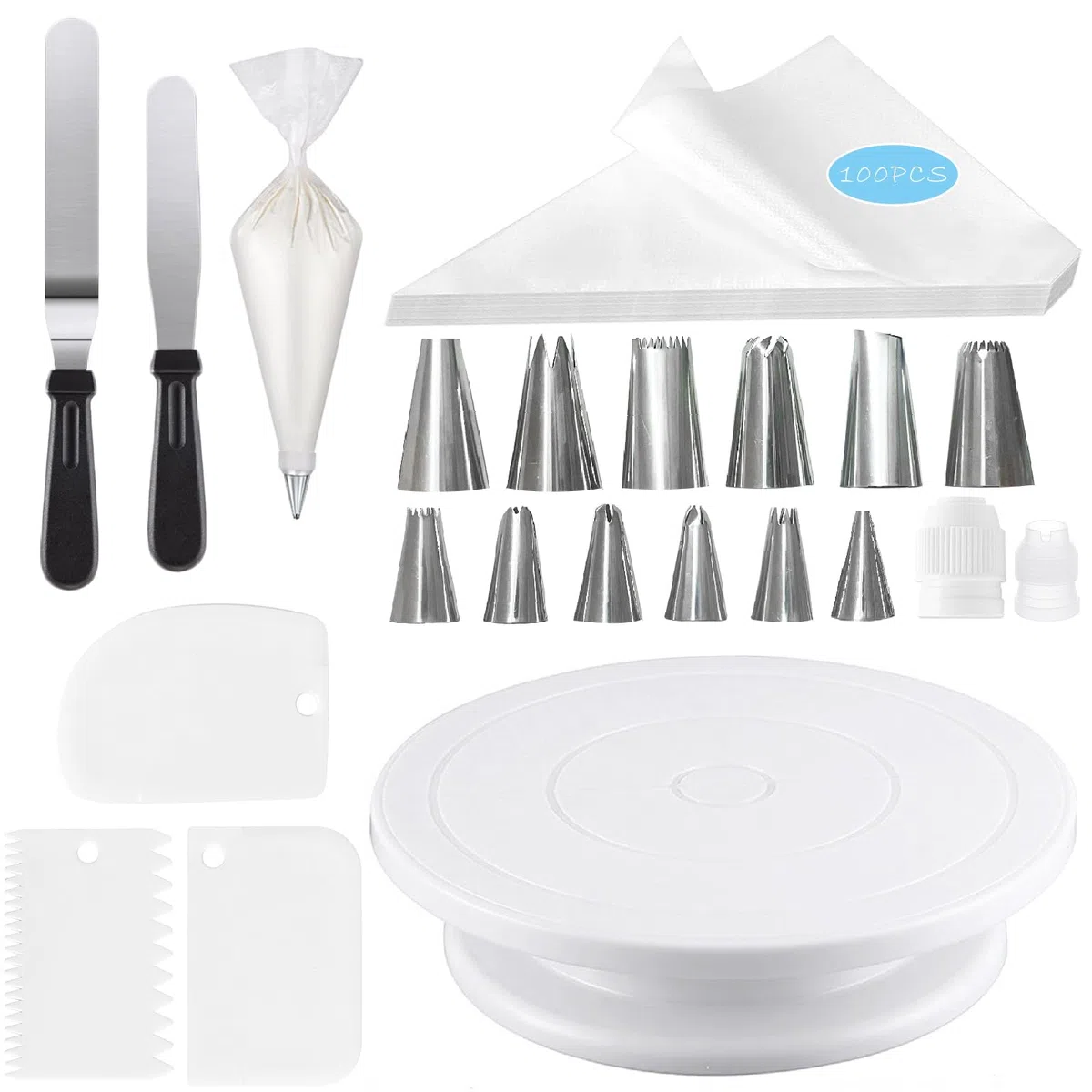 Bandeja giratoria para tartas, 120 piezas, juego de accesorios para tartas con soporte giratorio de 360°, 100 mangas pasteleras desechables con 12 boquillas, 3 espátulas para tartas, 2